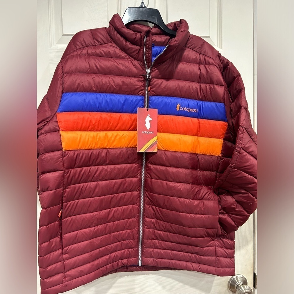 Cotopaxi Men's XL Fuego Down Jacket Burgandy Stripes NWT Nylon Shell Down 800